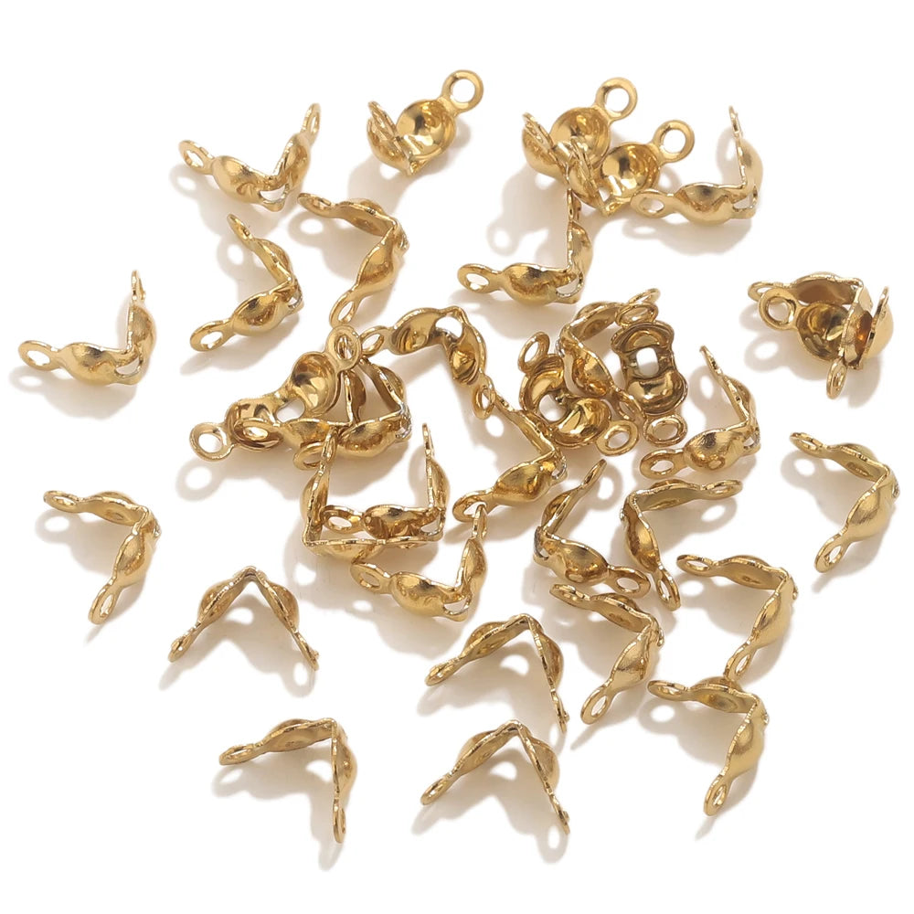 50pcs PVD Gold Plated Stainless Steel Connector Clasp Crimp End Beads For Bracelet Necklace Chains DIY End Caps Jewelry Findings