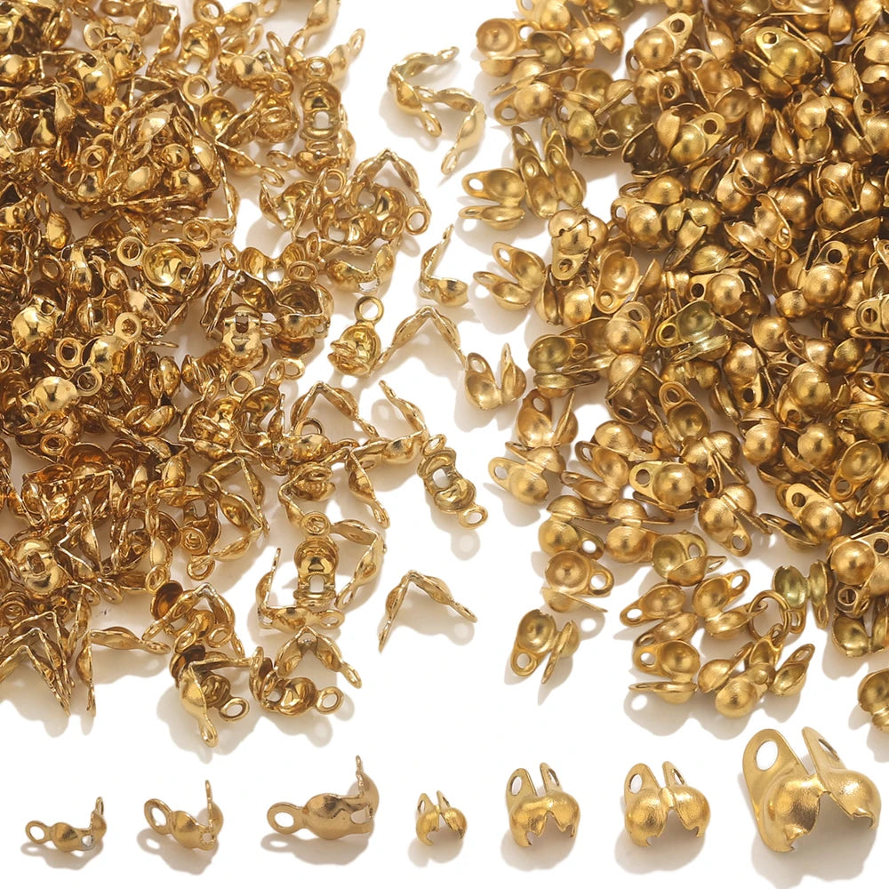 50pcs PVD Gold Plated Stainless Steel Connector Clasp Crimp End Beads For Bracelet Necklace Chains DIY End Caps Jewelry Findings
