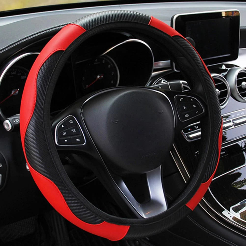 PU Leather Steering Wheel Cover - Breathable Anti-Slip (37-38cm)