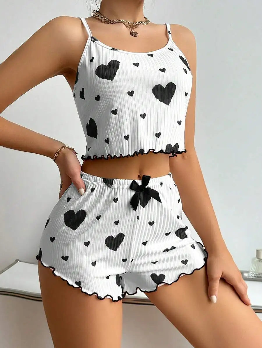 Women’s 2PCS Heart Print Pajama Set, Sleeveless Crop Top and Shorts, Soft Comfy Sleepwear Loungewear for Summer Nightwear