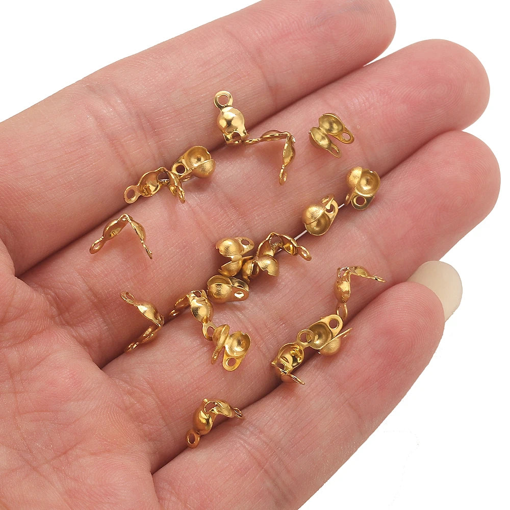 50pcs PVD Gold Plated Stainless Steel Connector Clasp Crimp End Beads For Bracelet Necklace Chains DIY End Caps Jewelry Findings