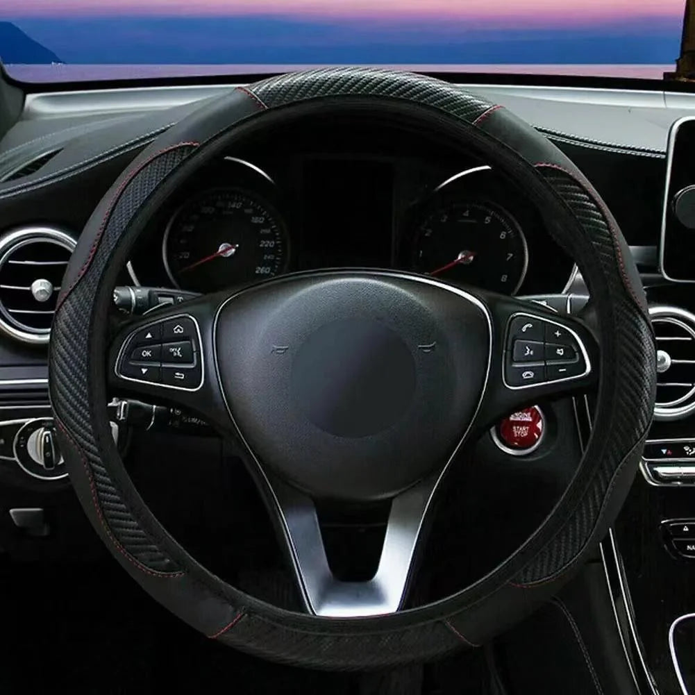 PU Leather Steering Wheel Cover - Breathable Anti-Slip (37-38cm)